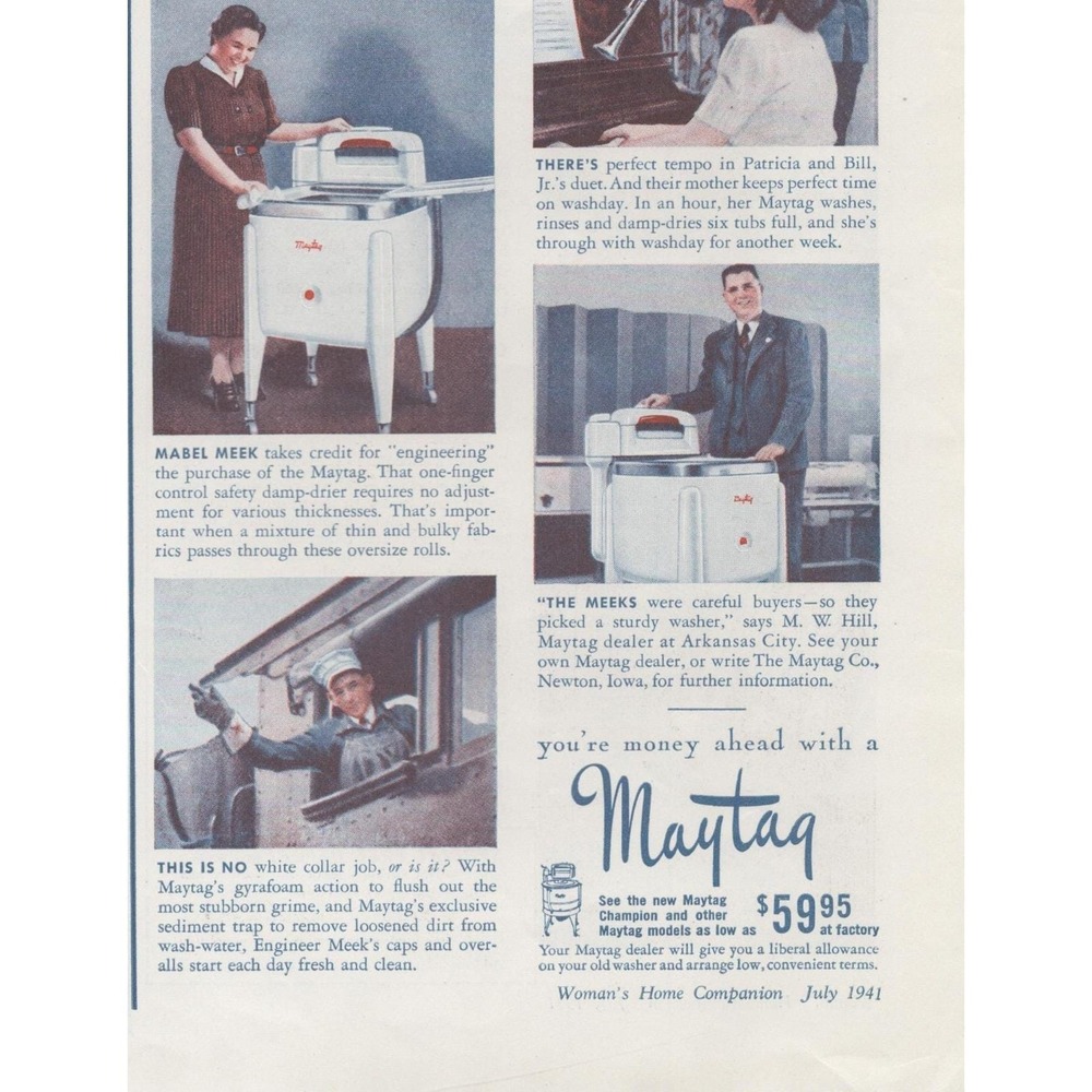 Vintage 1941 Maytag Washer Print Ad W. J. Meeks Arkansas City KS Laundry Decor